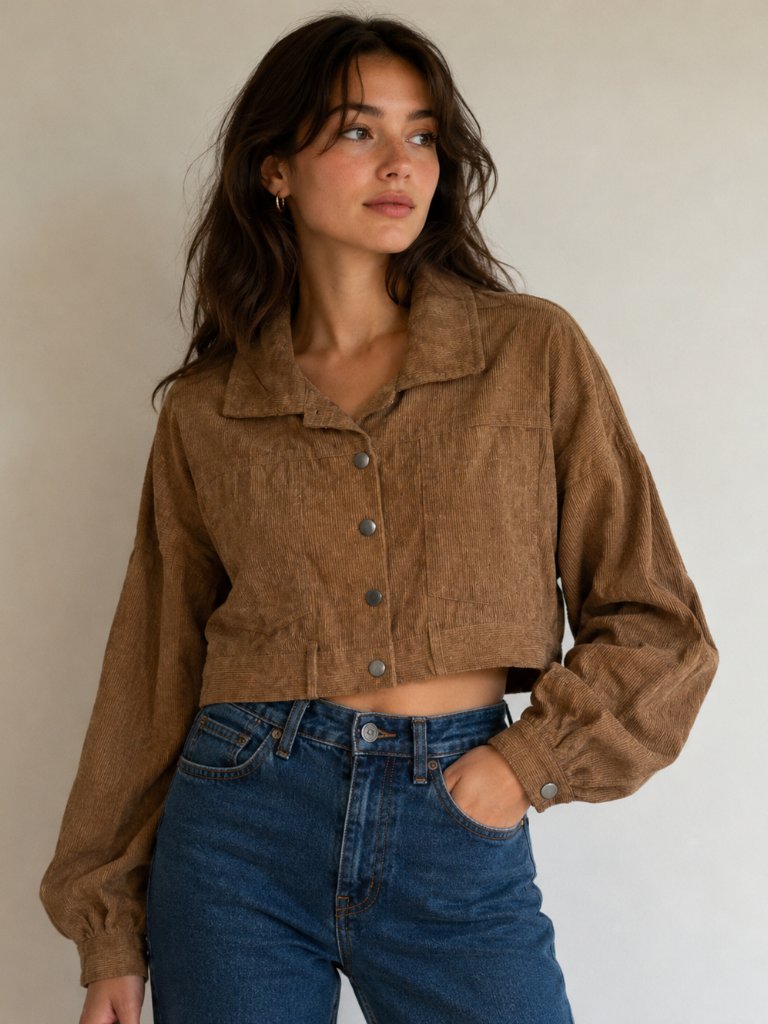 Cropped Corduroy Jacket Button Front Tan Brown Utility Style - Oversized